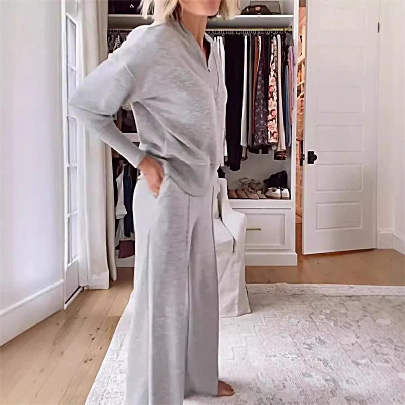 49-off-women-s-solid-color-v-neck-top-pants-two-piece-set-3868