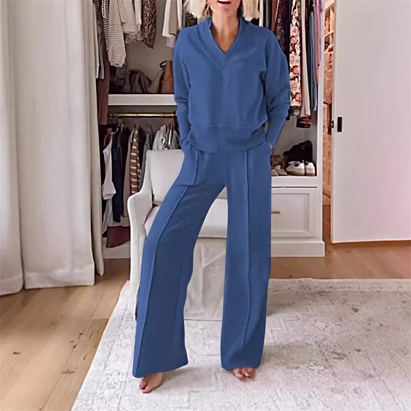 49-off-women-s-solid-color-v-neck-top-pants-two-piece-set-5083