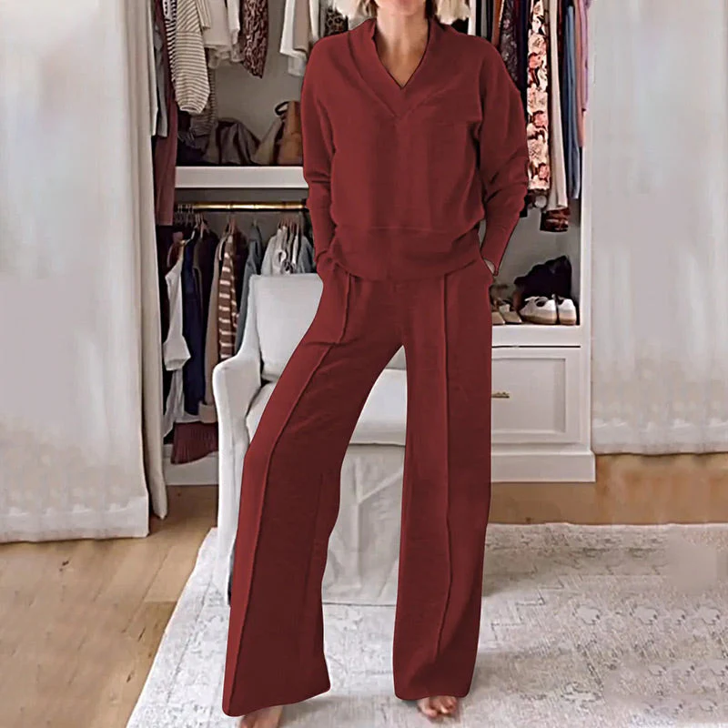 49-off-women-s-solid-color-v-neck-top-pants-two-piece-set-3868